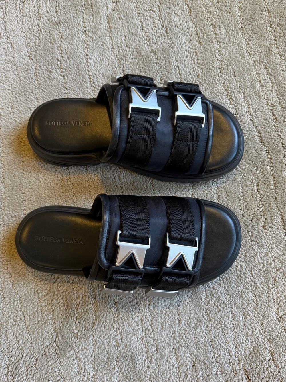 Bottega Veneta Black Double-Strap Buckle Slide Sandals